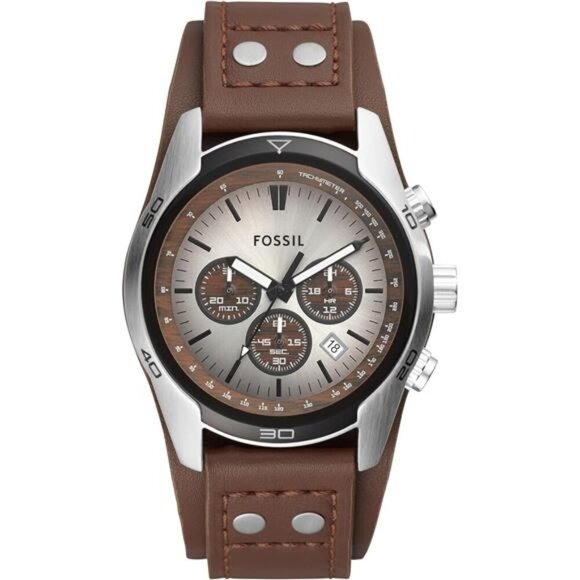 Men's Watch with Genuine Leather Bracelet Cuff Brown - Picture 1 of 5